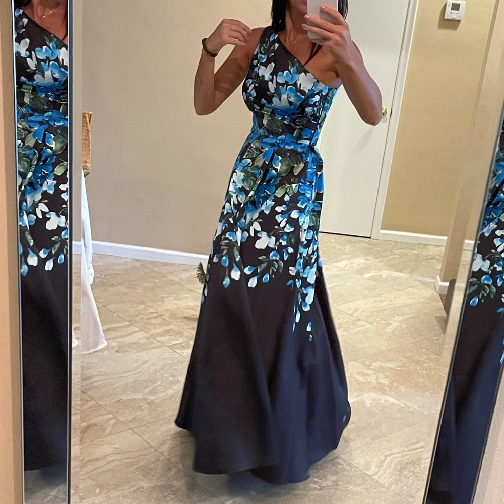 Carmen Marc Valvo One Shoulder Floral Evening Gown